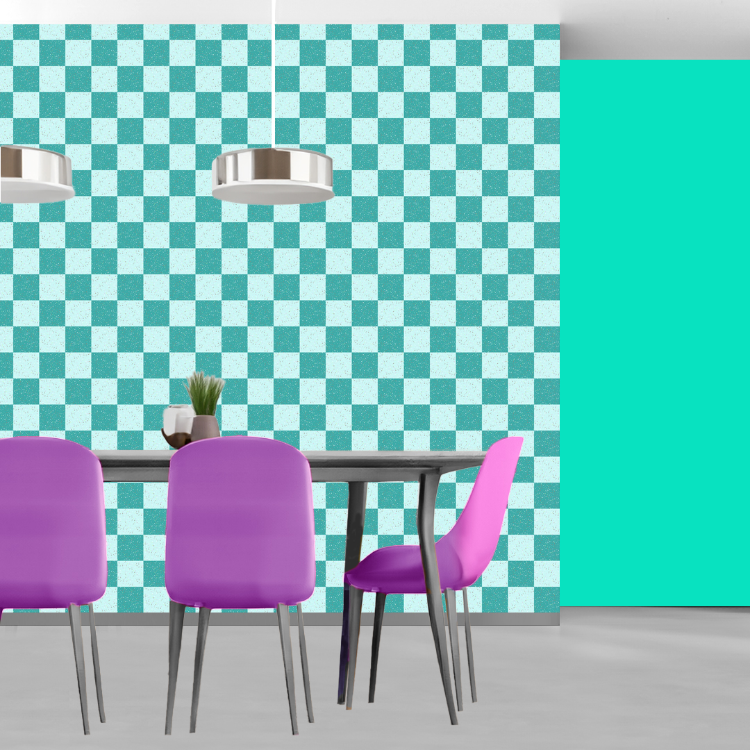 The artwork features a repeating geometric pattern of symmetrical shapes resembling elongated, curved diamonds or petals in various shades of blue and green. Each shape is split vertically with one half filled with a light blue and the other half filled with green or darker blue. The background is a light, almost pastel blue, which provides a soft yet vibrant backdrop. One of the blue shapes near the upper left contains a white starburst element, adding a focal point of brightness to the composition. The overall design conveys a modern, mid-century aesthetic with clean lines and harmonious color contrasts.
